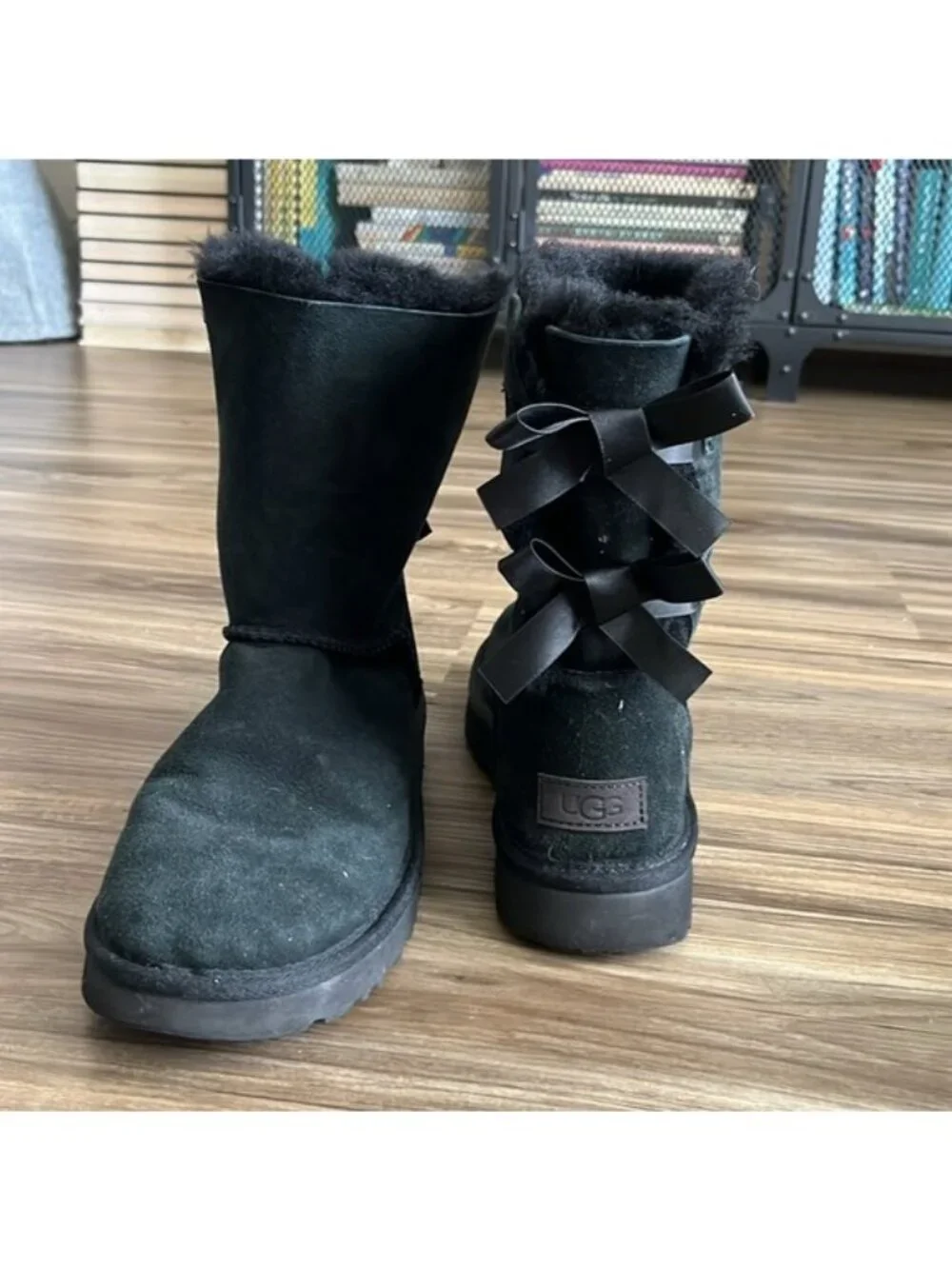 UGG Women's Bailey Bow II Black Suede Lace Up Back Midi Sherpa Lined Pull On Boo